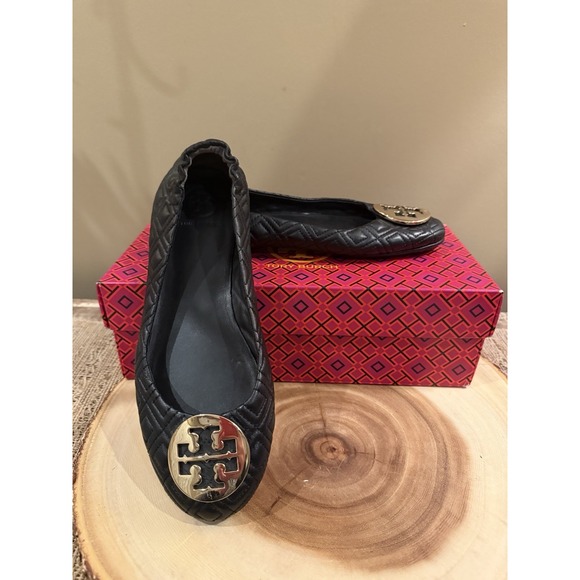 Tory Quilted Minnie Ballet Flats Nappa Leather Espresso Black Gold Logo Size 8 - Picture 1 of 16